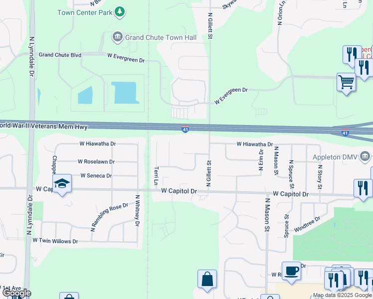 map of restaurants, bars, coffee shops, grocery stores, and more near 1716 West Greenlawn Lane in Appleton