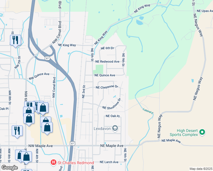map of restaurants, bars, coffee shops, grocery stores, and more near 725 Northeast Apache Circle in Redmond