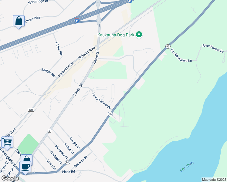map of restaurants, bars, coffee shops, grocery stores, and more near 120 Lamp Lighter Drive in Kaukauna