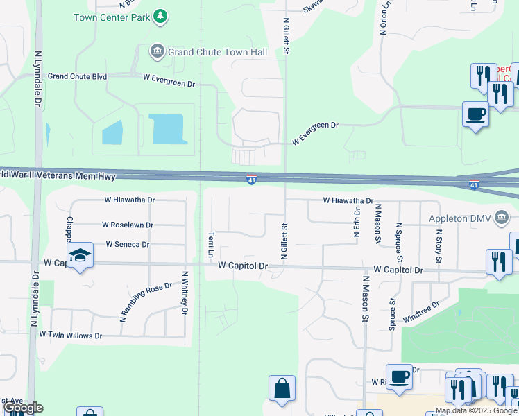 map of restaurants, bars, coffee shops, grocery stores, and more near 1716 West Greenlawn Lane in Appleton