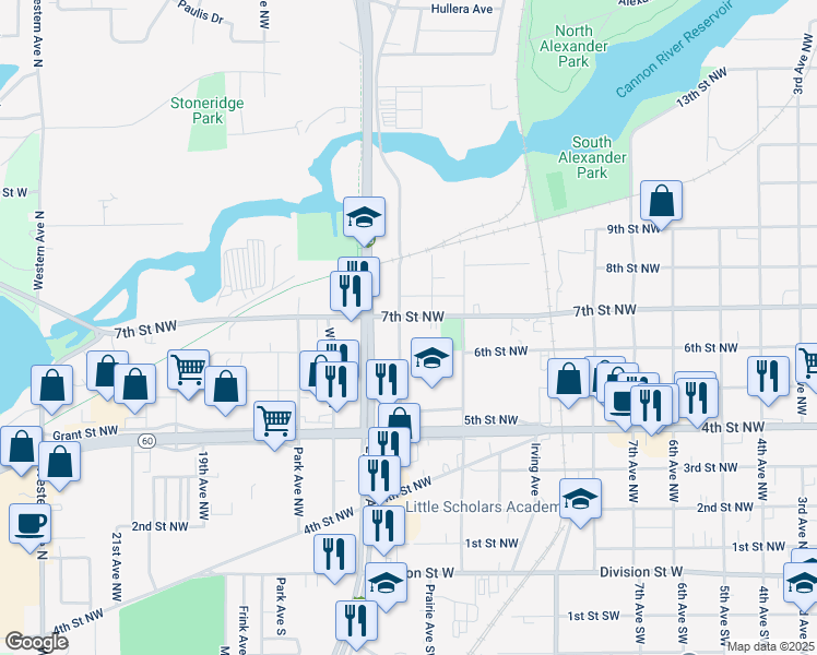 map of restaurants, bars, coffee shops, grocery stores, and more near 1308 7th Street Northwest in Faribault
