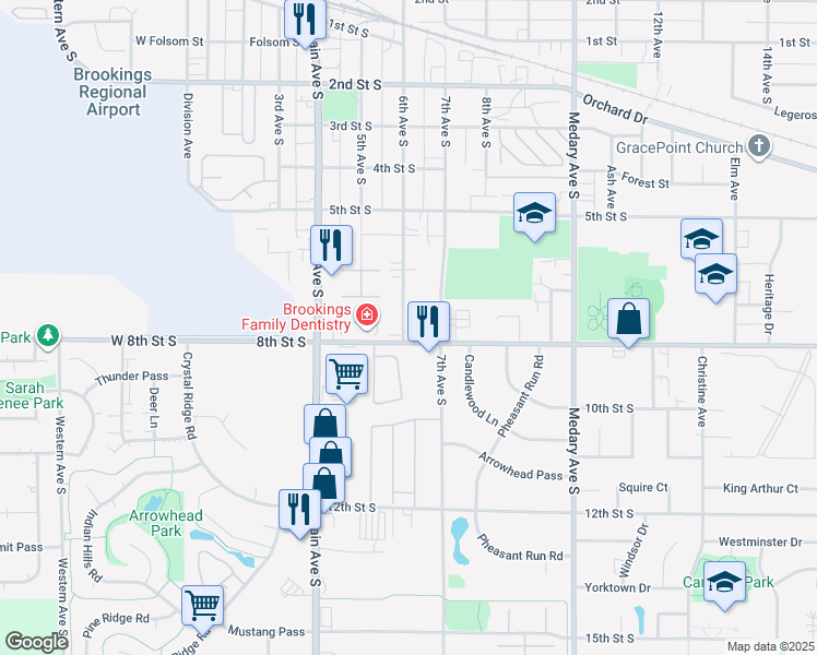map of restaurants, bars, coffee shops, grocery stores, and more near 705 6th Avenue South in Brookings