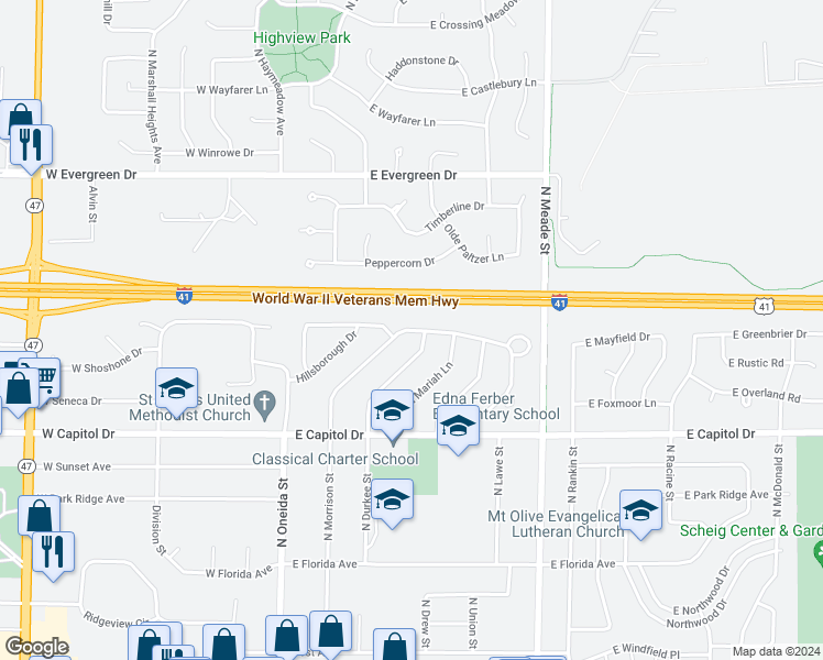 map of restaurants, bars, coffee shops, grocery stores, and more near 76 Northbreeze Drive in Appleton