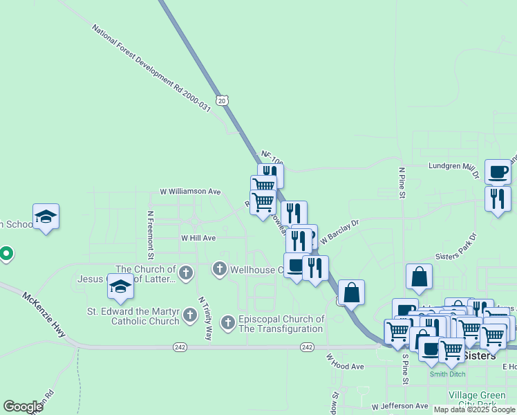 map of restaurants, bars, coffee shops, grocery stores, and more near 1026 West Rail Way in Sisters