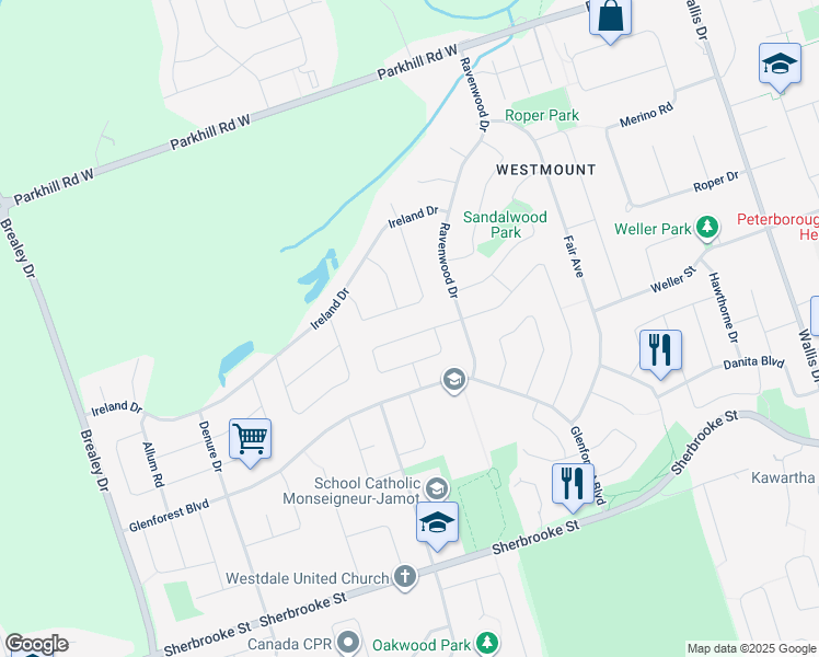 map of restaurants, bars, coffee shops, grocery stores, and more near 1304 Wildlark Drive in Peterborough