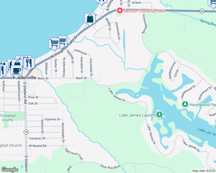 map of restaurants, bars, coffee shops, grocery stores, and more near 2398 Lake James Dr in Denton Township