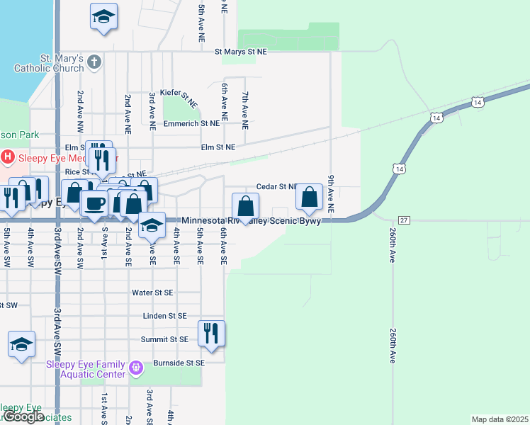 map of restaurants, bars, coffee shops, grocery stores, and more near 800 Main Street East in Sleepy Eye