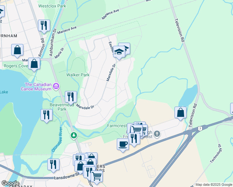 map of restaurants, bars, coffee shops, grocery stores, and more near 1983 Glenmead Road in Peterborough