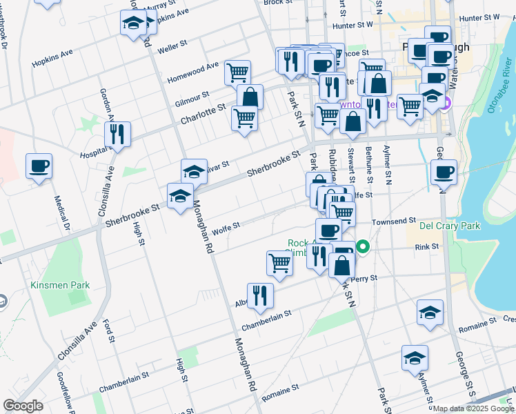 map of restaurants, bars, coffee shops, grocery stores, and more near 195 Rutherford Avenue in Peterborough