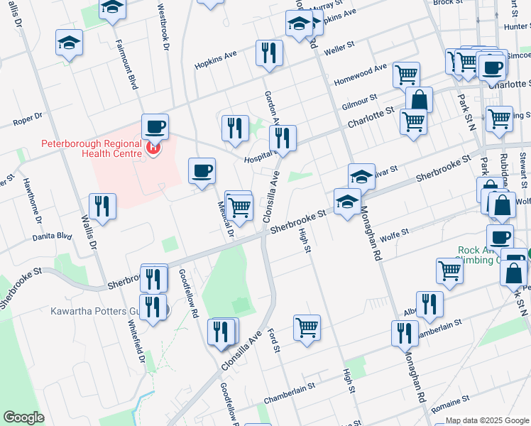 map of restaurants, bars, coffee shops, grocery stores, and more near 1262 Clonsilla Avenue in Peterborough