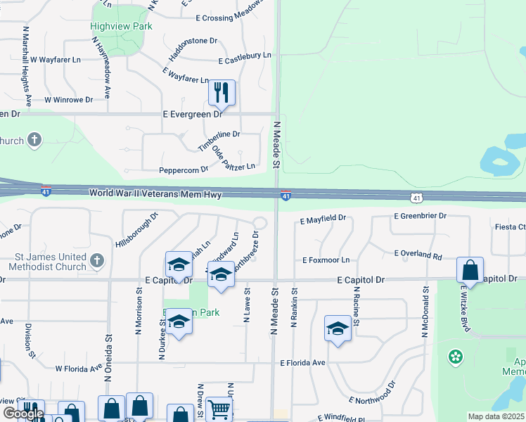 map of restaurants, bars, coffee shops, grocery stores, and more near 28 Northbreeze Circle in Appleton