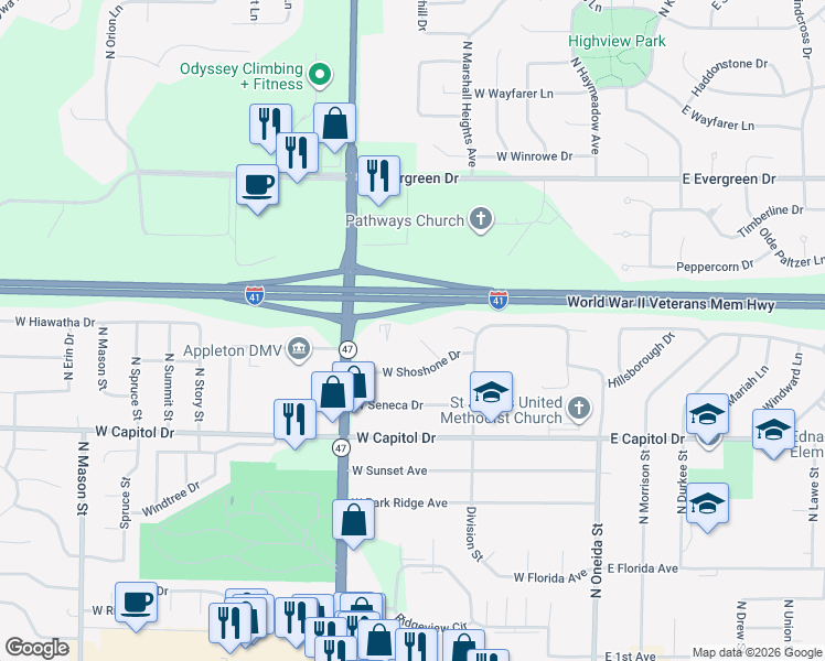 map of restaurants, bars, coffee shops, grocery stores, and more near 35 Apache Place Court in Appleton