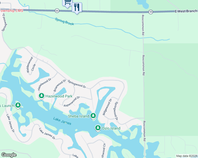 map of restaurants, bars, coffee shops, grocery stores, and more near 501-899 Springwood Drive in Denton Township