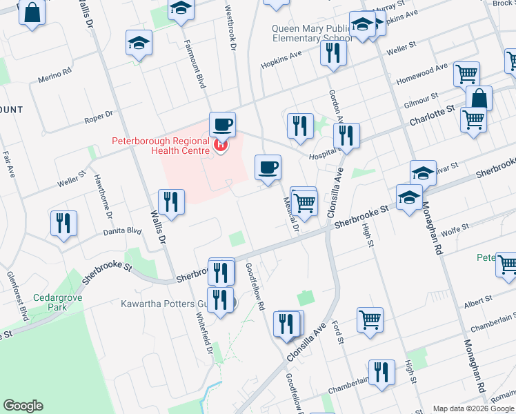 map of restaurants, bars, coffee shops, grocery stores, and more near 865 Alexander Court in Peterborough