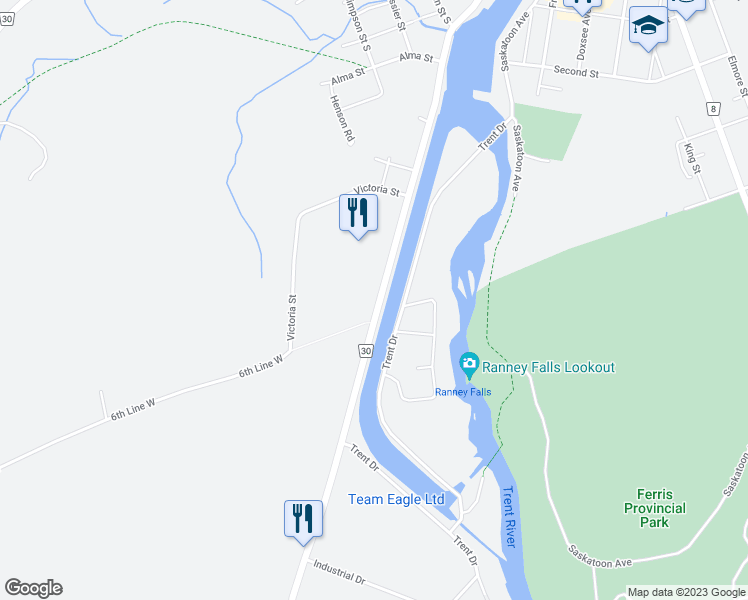map of restaurants, bars, coffee shops, grocery stores, and more near 354 Grand Road in Campbellford