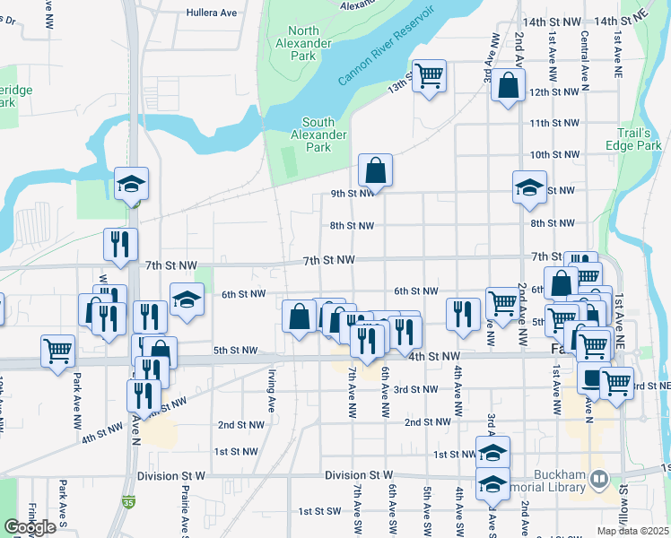 map of restaurants, bars, coffee shops, grocery stores, and more near 717 7th Street Northwest in Faribault