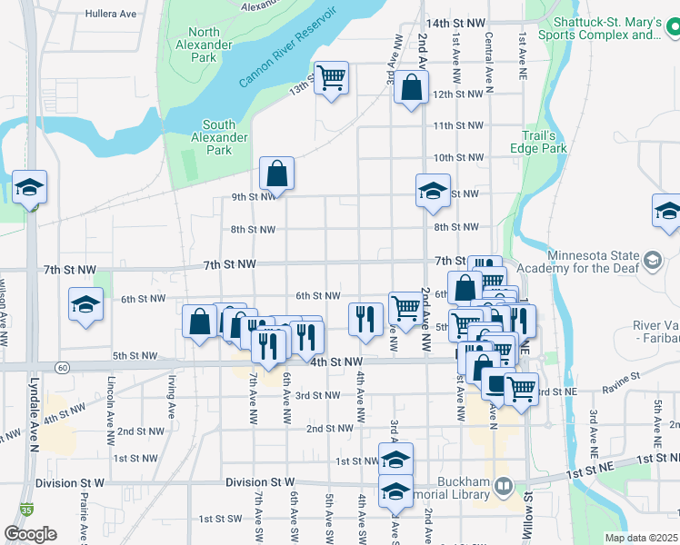 map of restaurants, bars, coffee shops, grocery stores, and more near 427 7th Street Northwest in Faribault