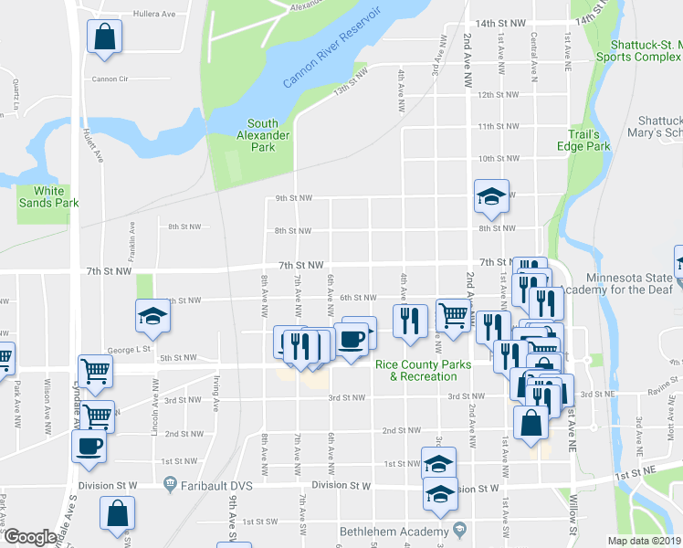 map of restaurants, bars, coffee shops, grocery stores, and more near 523 7th Street Northwest in Faribault
