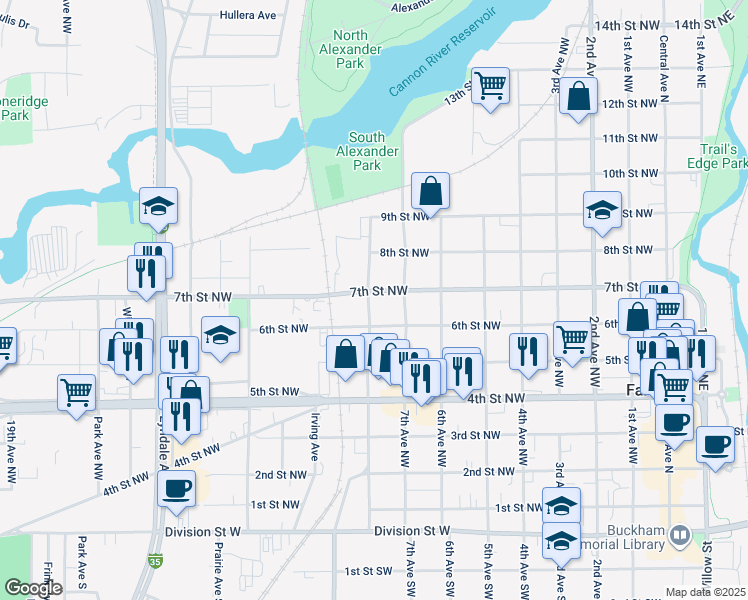 map of restaurants, bars, coffee shops, grocery stores, and more near 717 7th Street Northwest in Faribault