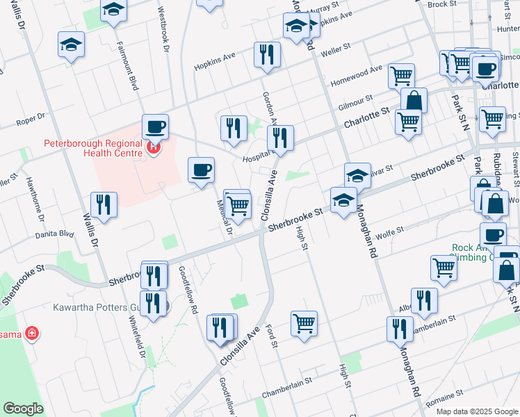 map of restaurants, bars, coffee shops, grocery stores, and more near 1251 Clonsilla Avenue in Peterborough