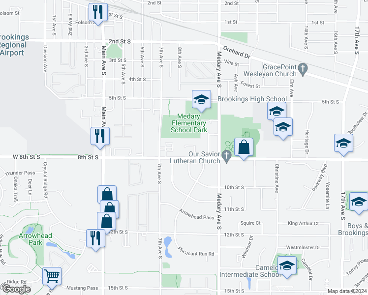 map of restaurants, bars, coffee shops, grocery stores, and more near 899 Prairie View Drive in Brookings
