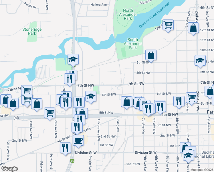 map of restaurants, bars, coffee shops, grocery stores, and more near 1112 7th Street Northwest in Faribault