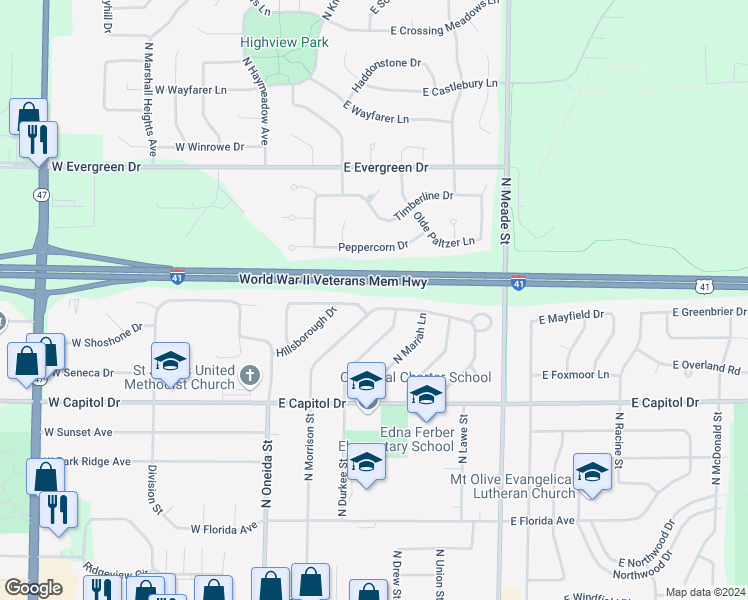 map of restaurants, bars, coffee shops, grocery stores, and more near 70 Northbreeze Drive in Appleton