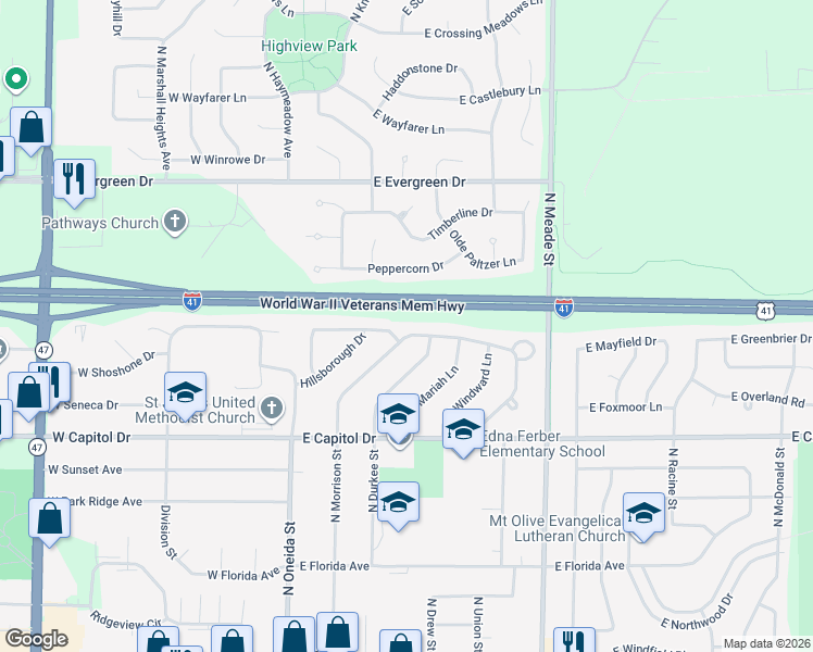 map of restaurants, bars, coffee shops, grocery stores, and more near 70 Northbreeze Drive in Appleton