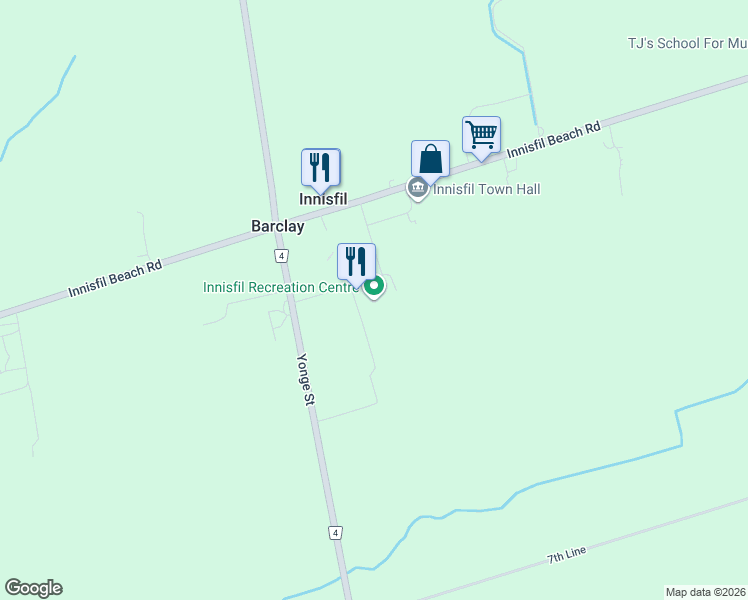 map of restaurants, bars, coffee shops, grocery stores, and more near 7315 Yonge Street in Innisfil