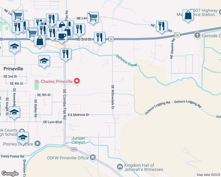 map of restaurants, bars, coffee shops, grocery stores, and more near 459 Southeast Willowdale Drive in Prineville