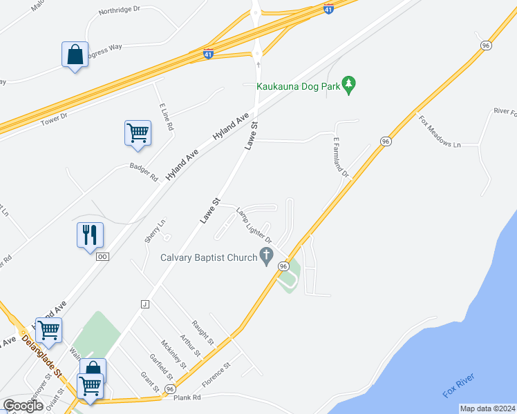 map of restaurants, bars, coffee shops, grocery stores, and more near 131 Lamp Lighter Drive in Kaukauna
