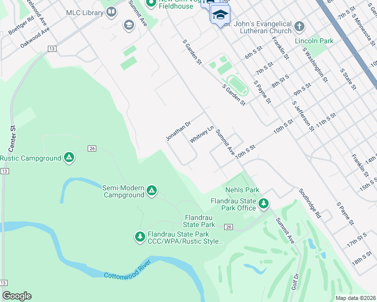 map of restaurants, bars, coffee shops, grocery stores, and more near 21 McIntosh Drive in New Ulm