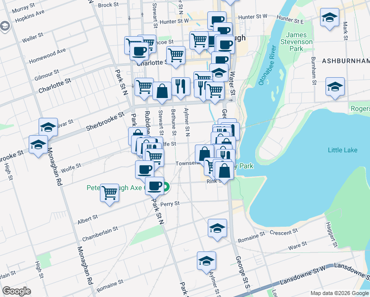 map of restaurants, bars, coffee shops, grocery stores, and more near 155 Aylmer Street North in Peterborough