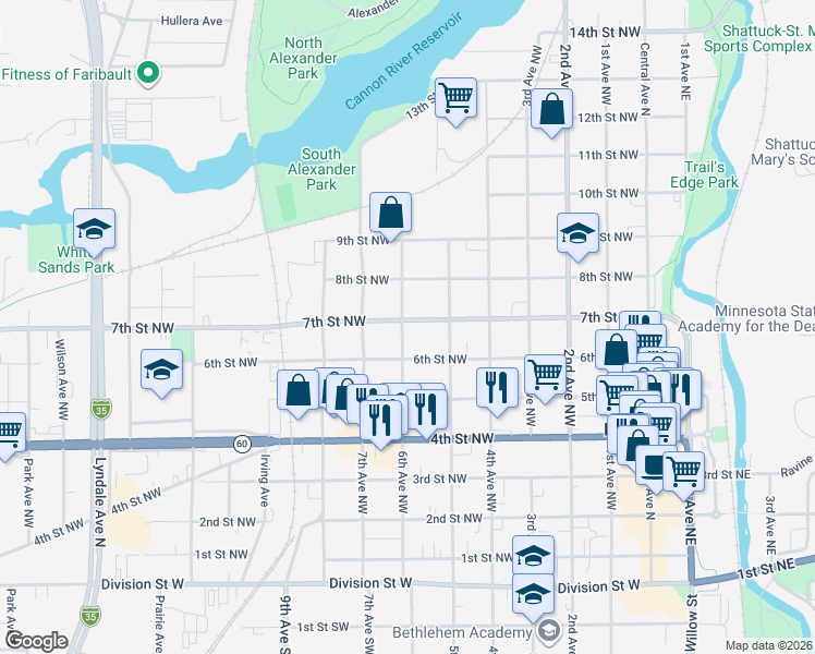 map of restaurants, bars, coffee shops, grocery stores, and more near 523 7th Street Northwest in Faribault