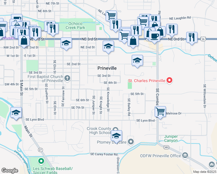 map of restaurants, bars, coffee shops, grocery stores, and more near Southeast Knowledge Street in Prineville