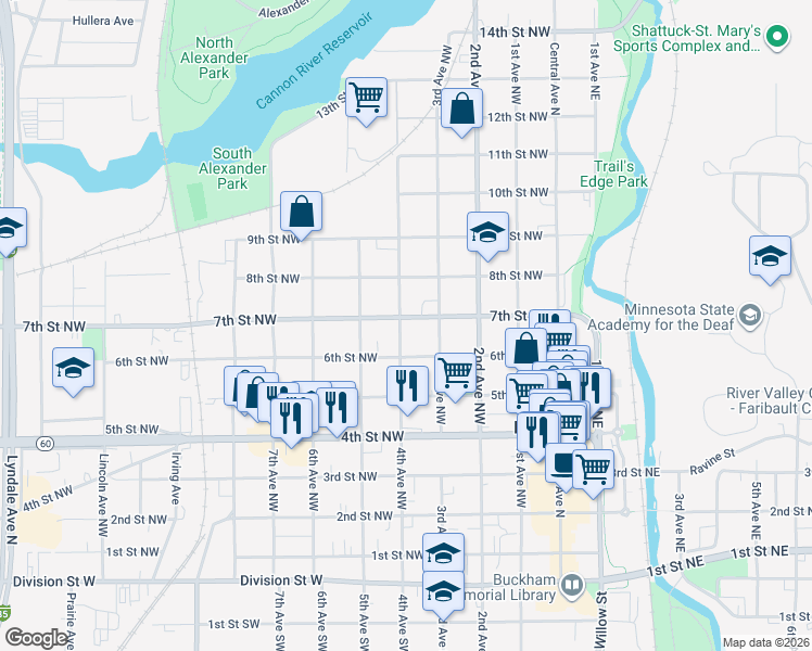 map of restaurants, bars, coffee shops, grocery stores, and more near 329 7th Street Northwest in Faribault