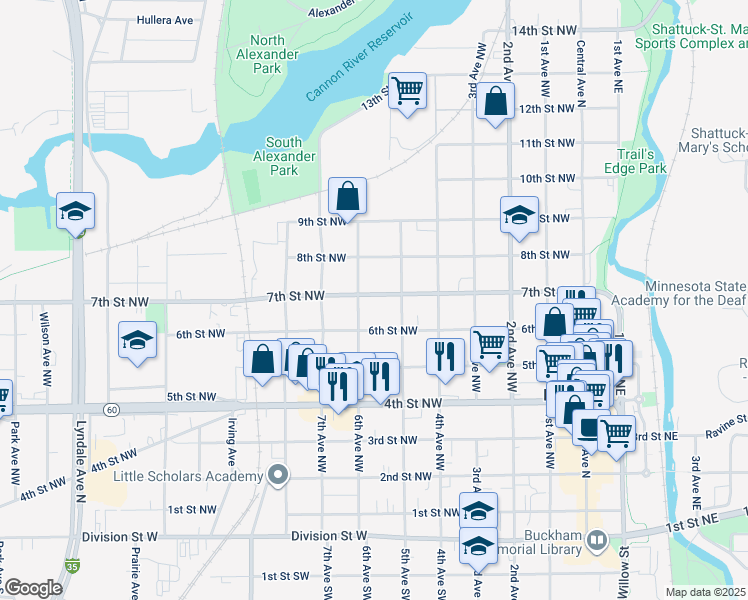 map of restaurants, bars, coffee shops, grocery stores, and more near 523 7th Street Northwest in Faribault