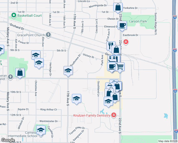 map of restaurants, bars, coffee shops, grocery stores, and more near 676 Park Avenue in Brookings