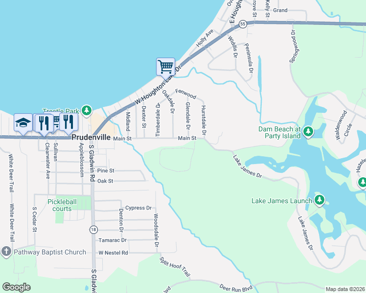 map of restaurants, bars, coffee shops, grocery stores, and more near 100-112 Indian Oaks in Roscommon County