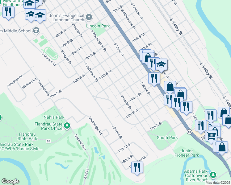 map of restaurants, bars, coffee shops, grocery stores, and more near 1208 South Franklin Street in New Ulm