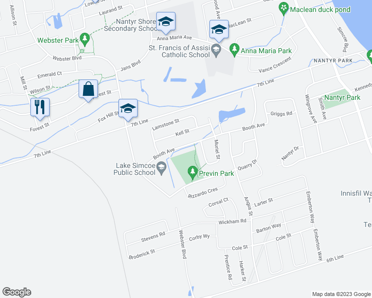 map of restaurants, bars, coffee shops, grocery stores, and more near 1131 Booth Avenue in Innisfil