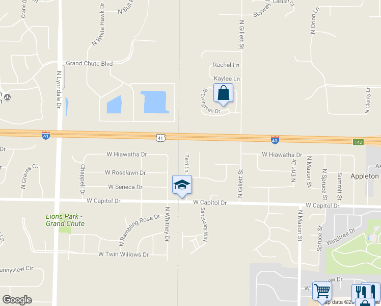 map of restaurants, bars, coffee shops, grocery stores, and more near 3702 Terri Lane in Appleton