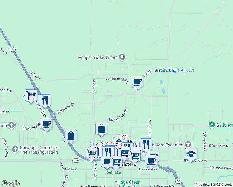 map of restaurants, bars, coffee shops, grocery stores, and more near 192 West Barclay Drive in Sisters