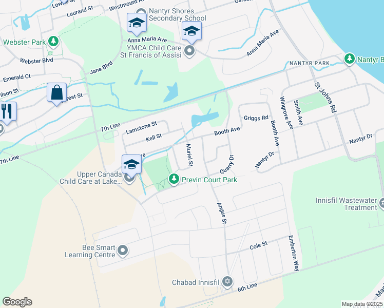 map of restaurants, bars, coffee shops, grocery stores, and more near 1059 Muriel Street in Innisfil