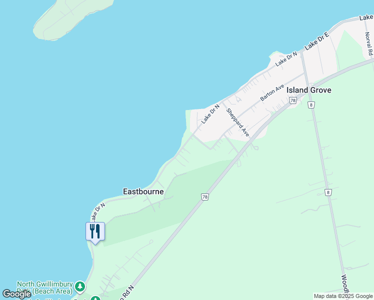 map of restaurants, bars, coffee shops, grocery stores, and more near 933 Lake Drive in Georgina