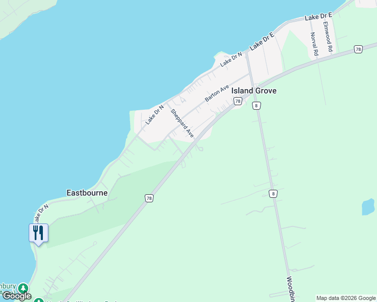 map of restaurants, bars, coffee shops, grocery stores, and more near 967 York Regional Road 78 in Georgina