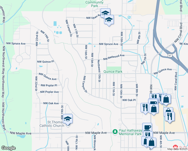 map of restaurants, bars, coffee shops, grocery stores, and more near 2352 NW 15th St in Redmond