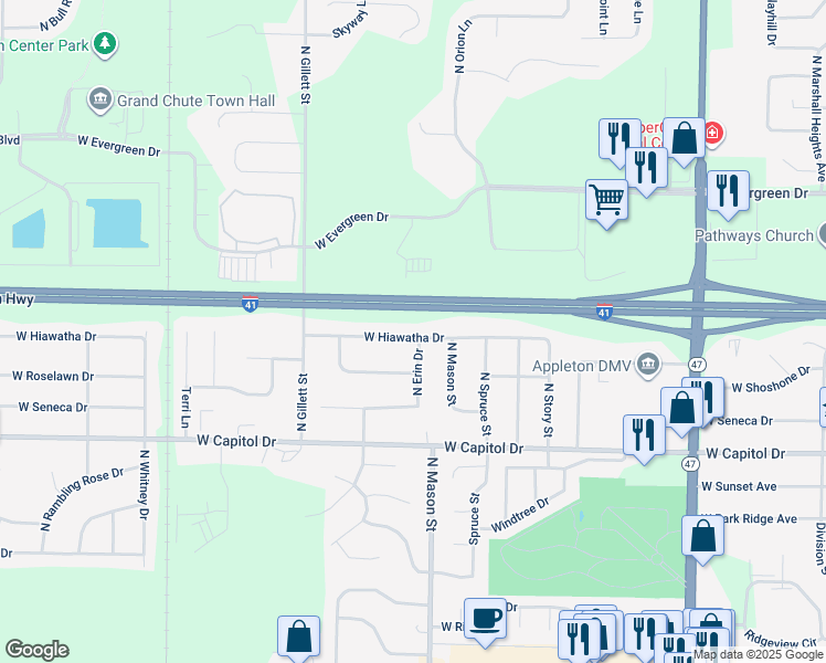map of restaurants, bars, coffee shops, grocery stores, and more near 1330 West Hiawatha Drive in Appleton