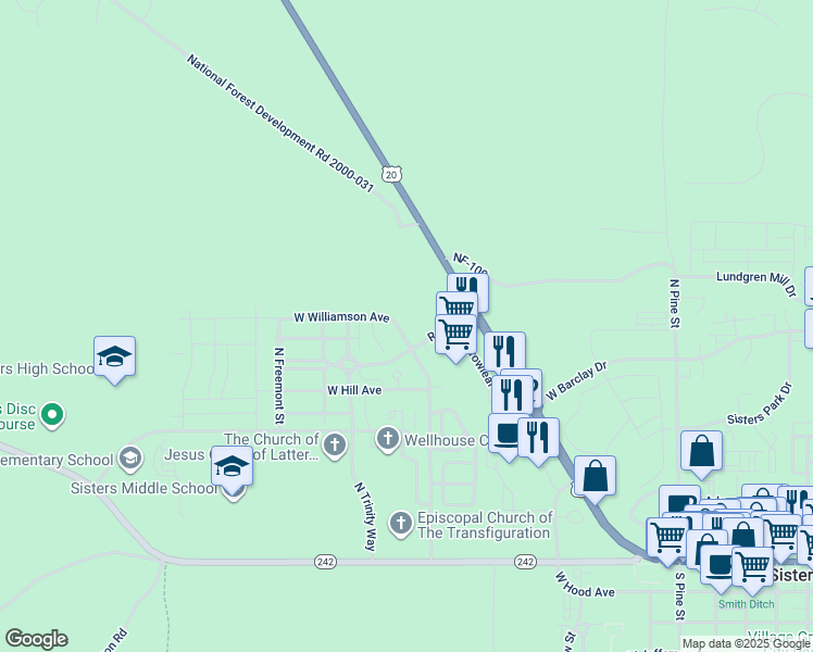 map of restaurants, bars, coffee shops, grocery stores, and more near in Sisters