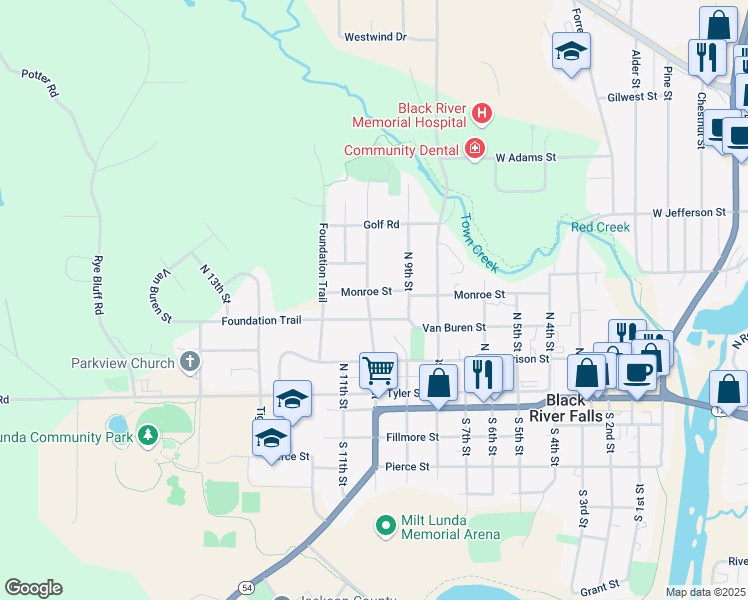 map of restaurants, bars, coffee shops, grocery stores, and more near 924 Monroe Street in Black River Falls